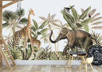 Behang jungle kinderkamer - babykamer met giraffe en olifant