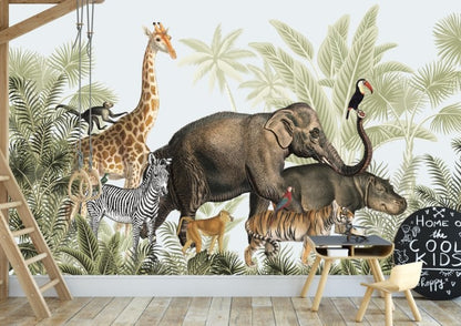 Jungle Behang Cheetah Giraffe Zandkleur | Tropisch Fotobehang op Maat Jungle Behang Cheetah Giraffe Zandkleur | Tropisch Fotobehang op Maat