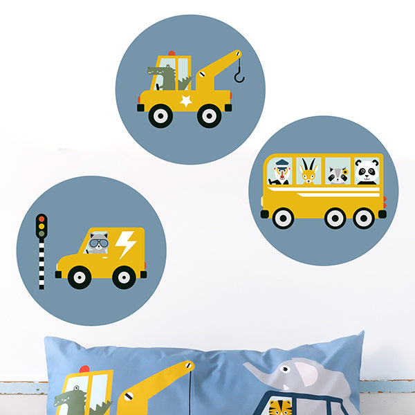 Muursticker set rond kinderkamer - dieren onderweg (jeansblauw)