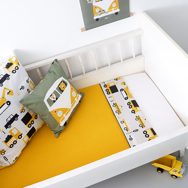 Ledikantdeken voertuigen oker geel - wafelstof oker