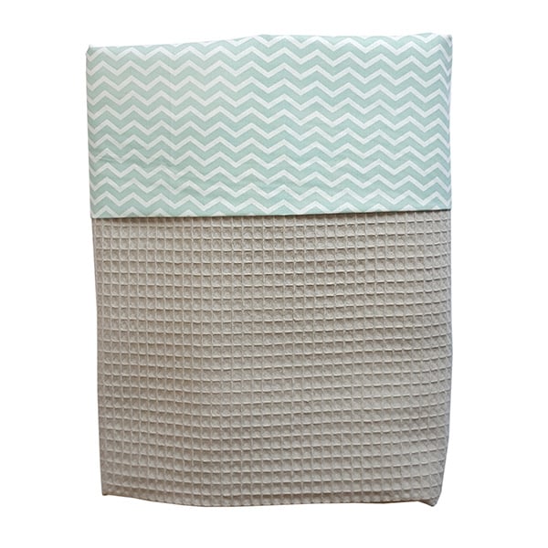 Ledikantdeken wafelstof lichtgrijs - mint zigzag