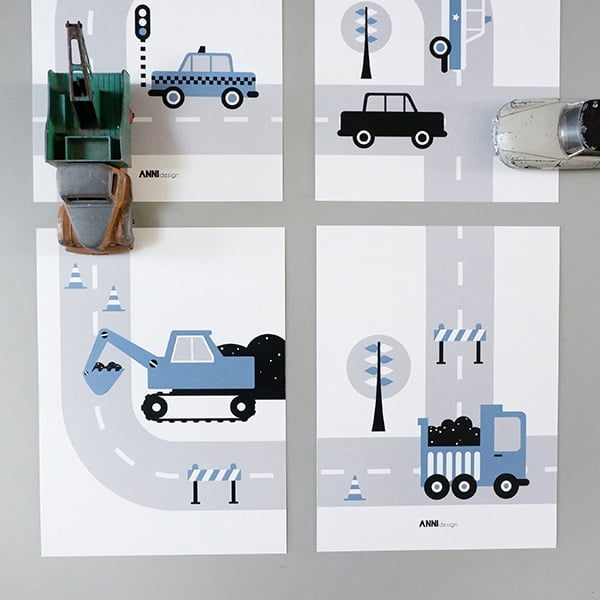 Posterset voertuigen graafmachine  kinderkamer - jeans blauw 15x20 cm