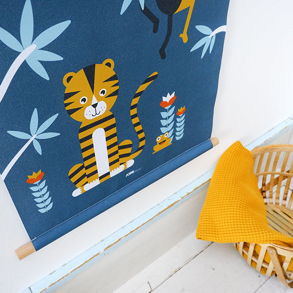 Textielposter jungle kinderkamer aap + tijger - blauw