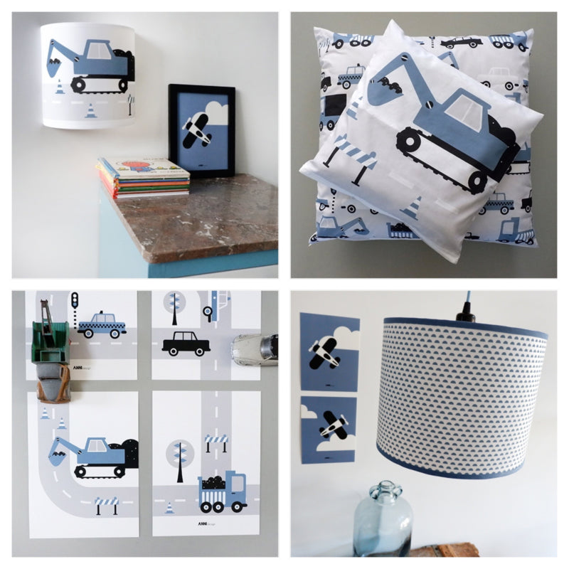 Kinderkamer aankleding en decoratie set - Voertuigen jeansblauw (met lamp)