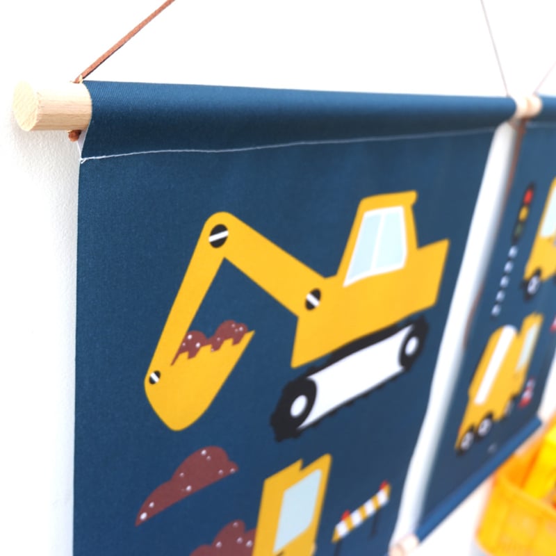 Textielposter graafmachine + kiepwagen voertuigen kinderkamer - donkerblauw