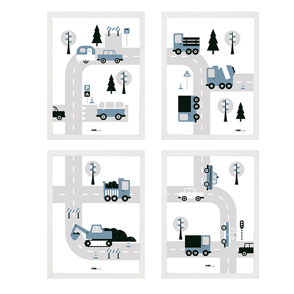 Poster set voertuigen kinderkamer - 4 luik jeansblauw