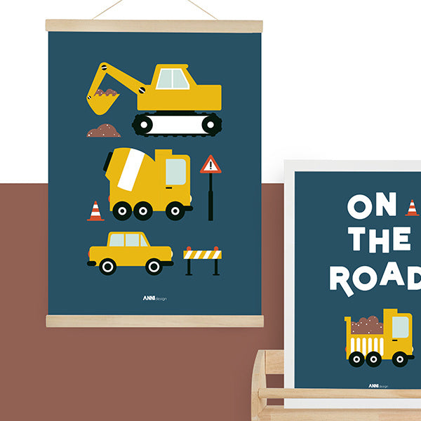 Poster kinderkamer voertuigen on the road - donkerblauw