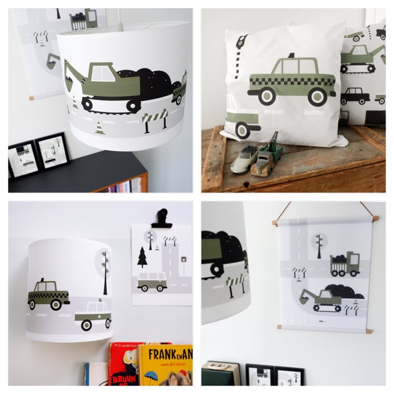 Kinderkamer aankleding en decoratie set - Voertuigen olijfgroen (met lamp)