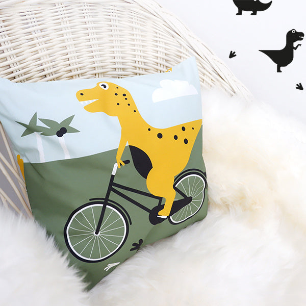 Kussen kinderkamer dino op fiets - inclusief binnenkussen - 40x40
