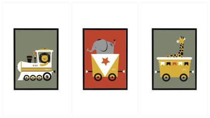 Poster trein wagon met olifant - olijfgroen