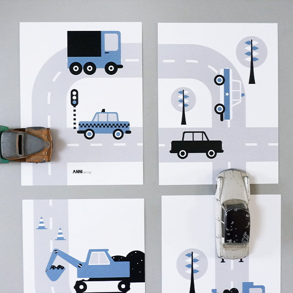 Posterset voertuigen auto kinderkamer - jeans blauw 15x20 cm