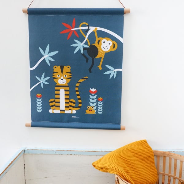 Textielposter jungle kinderkamer aap + tijger - blauw