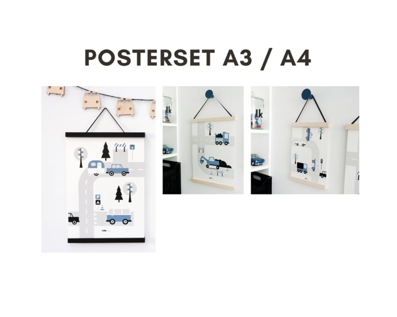 Posterset drieluik voertuigen kinderkamer - jeansblauw