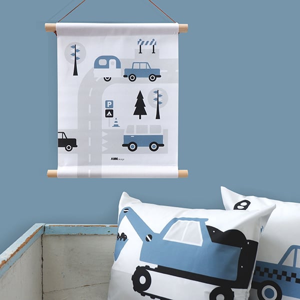 Textielposter caravan voertuigen kinderkamer - jeans blauw