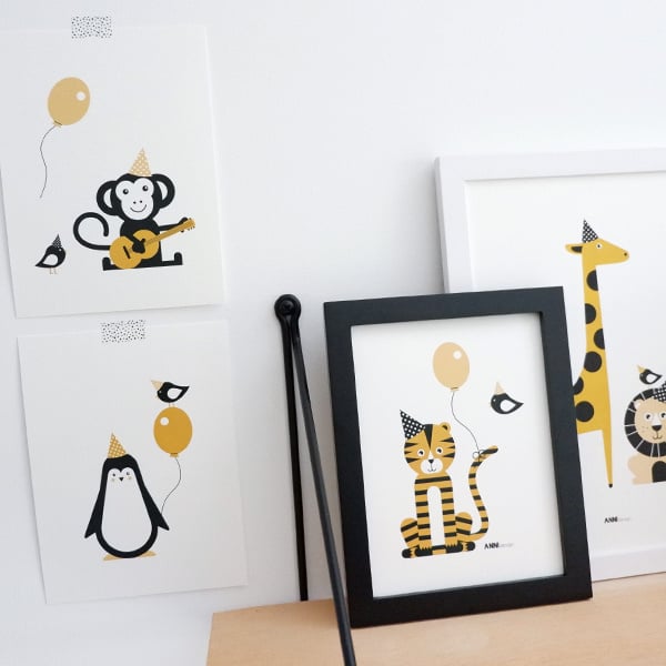 Posterset kinderkamer vrolijke dieren - oker 15x20 cm