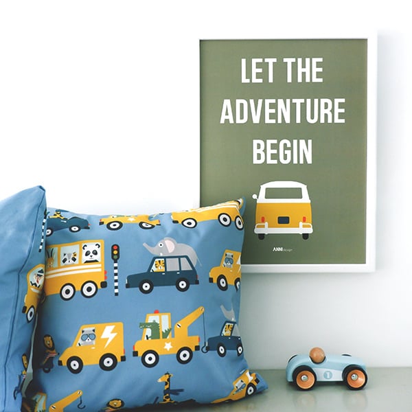 Poster VW bus met tekst Let the adventure begin  -  olijf groen