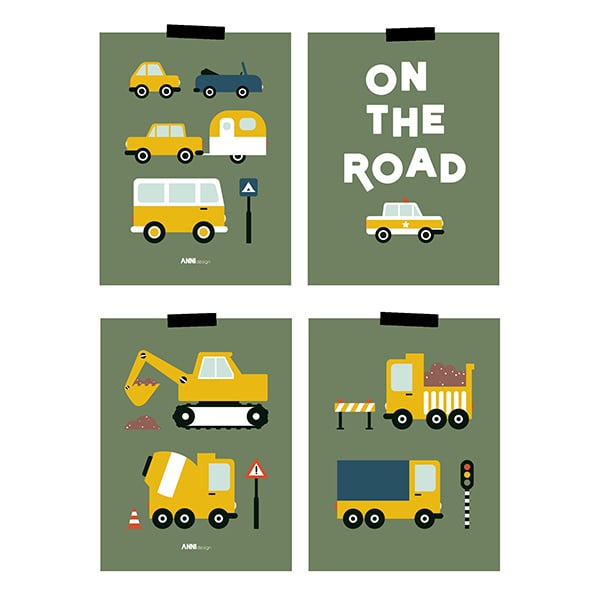 Posterset kinderkamer voertuigen on the road - olijfgroen