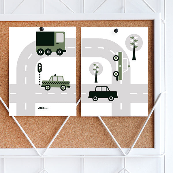 Posterset auto voertuigen kinderkamer - olijfgroen 15x20 cm