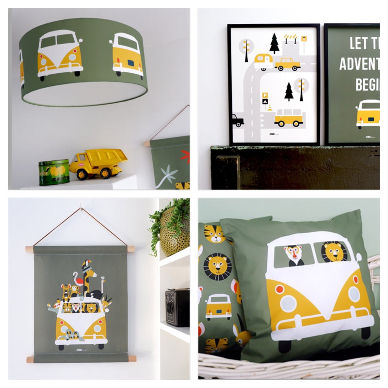 Kinderkamer aankleding en decoratie set - Safari VW bus olijfgroen oker (met lamp)