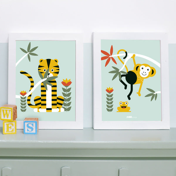 Posterset jungle kamer aap + tijger - mint