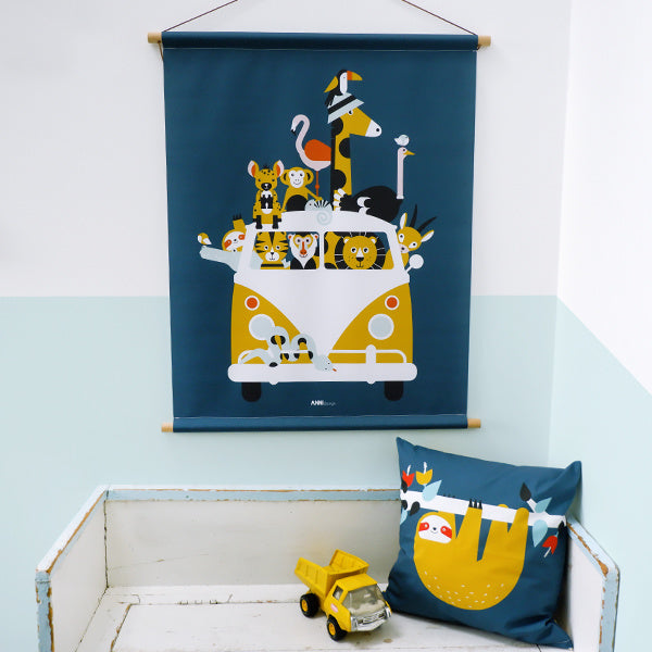 Textielposter safari jungle dieren - donker blauw