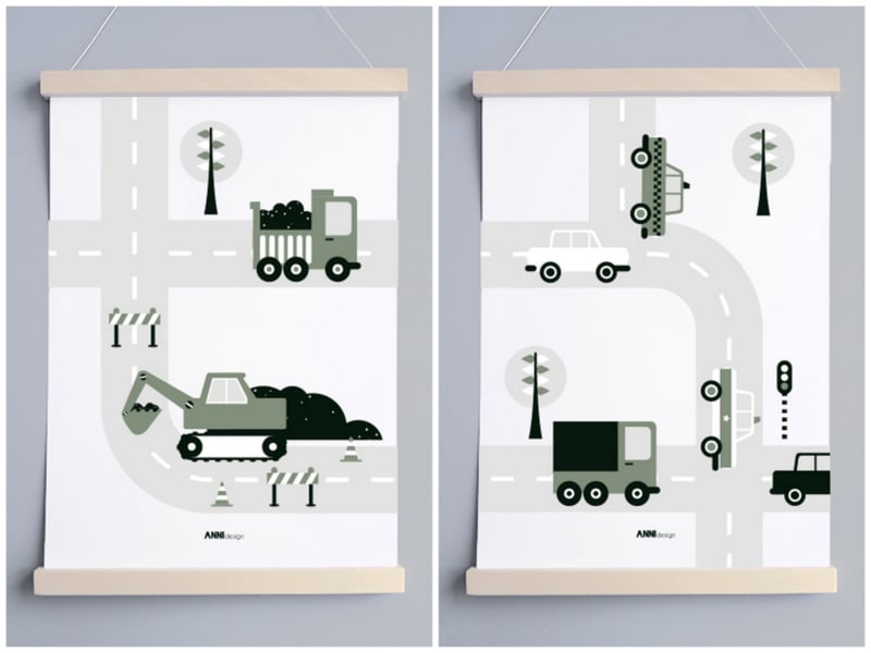 Poster set voertuigen kinderkamer - olijf groen