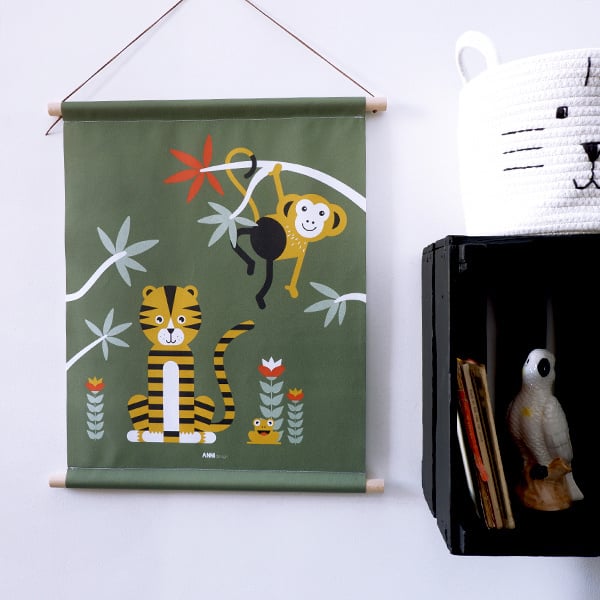 Textielposter jungle kinderkamer aap + tijger - olijfgroen