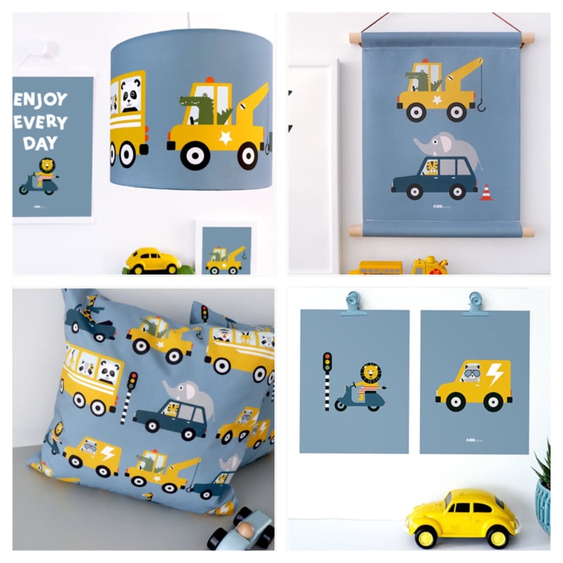 Kinderkamer aankleding en decoratie set - dieren onderweg jeansblauw (met lamp)