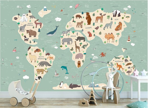 Behang wereldkaart met dieren