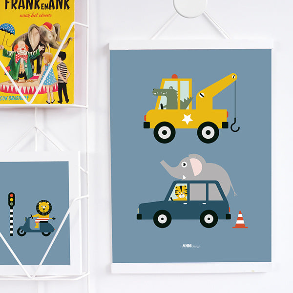 Poster kinderkamer takelwagen auto voertuigen - jeansblauw