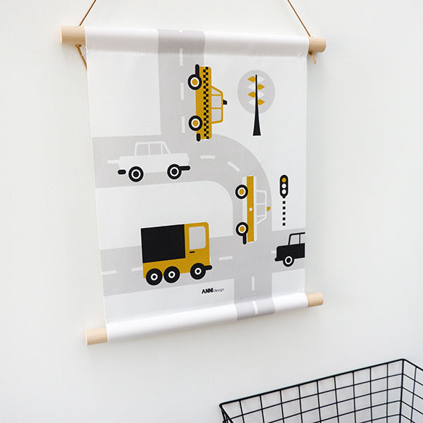 Textielposter voertuigen auto kinderkamer - oker