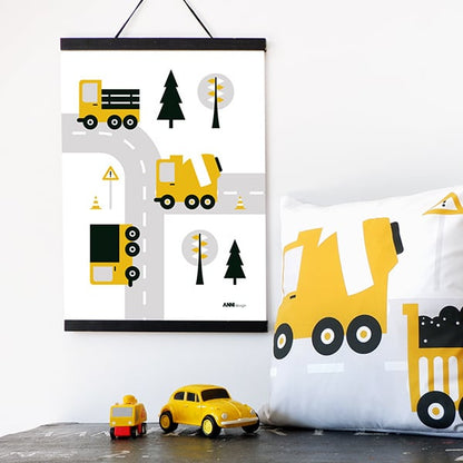 Poster set voertuigen kinderkamer - 4 luik oker geel