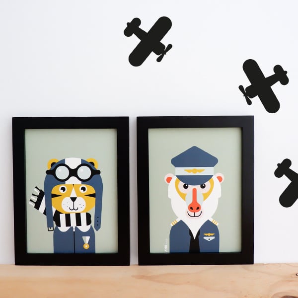 Posterset piloot vliegtuig kamer - bleekgroen donkerblauw