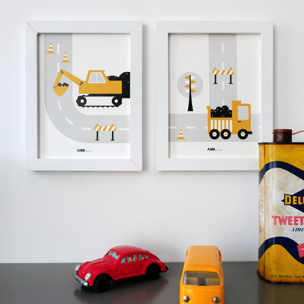 Posterset voertuigen graafmachine  kinderkamer - oker geel 15x20 cm