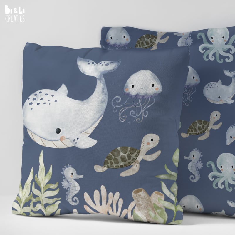 Kussen kinderkamer onderwater wereld - walvis (blauw)