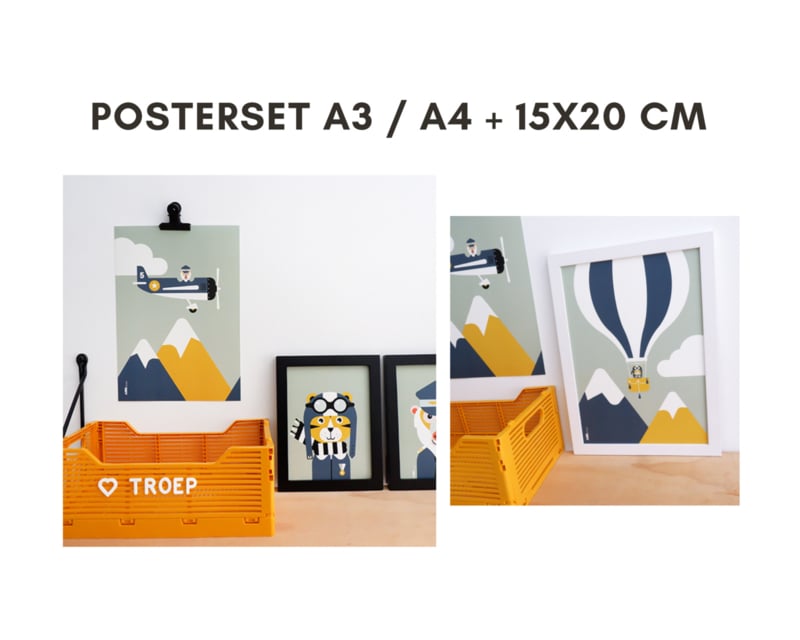 Posterset vliegtuig + luchtballon - bleekgroen