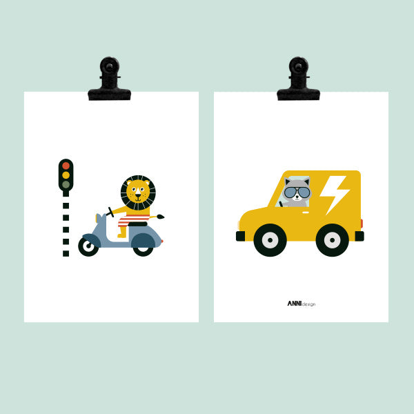 Posterset kinderkamer scooter dieren onderweg - wit