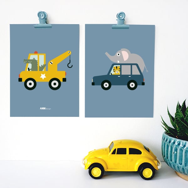 Posterset kinderkamer takelwagen dieren onderweg - jeansblauw