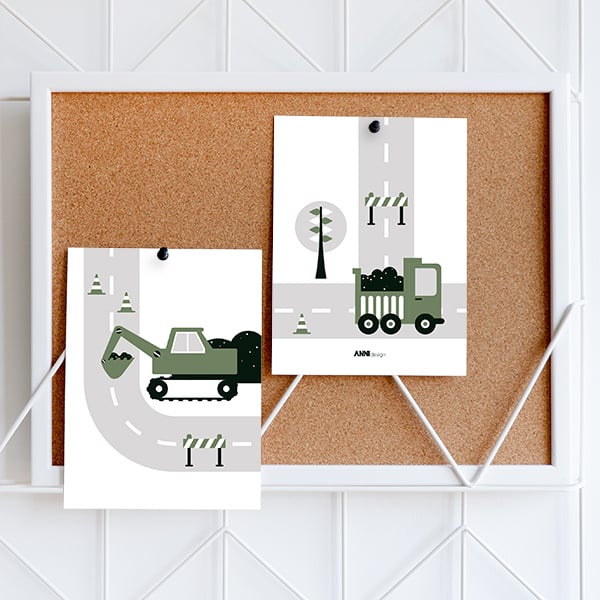 Posterset voertuigen graafmachine kinderkamer - olijfgroen 15x20 cm