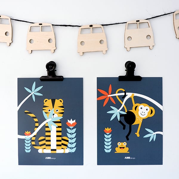 Posterset jungle kamer aap + tijger - donkerblauw 15x20 cm