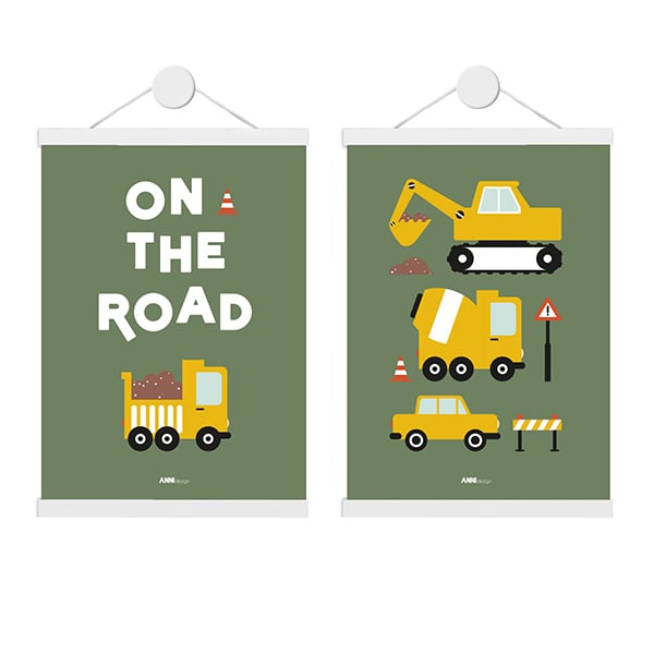 Posterset kinderkamer voertuigen on the road - olijfgroen
