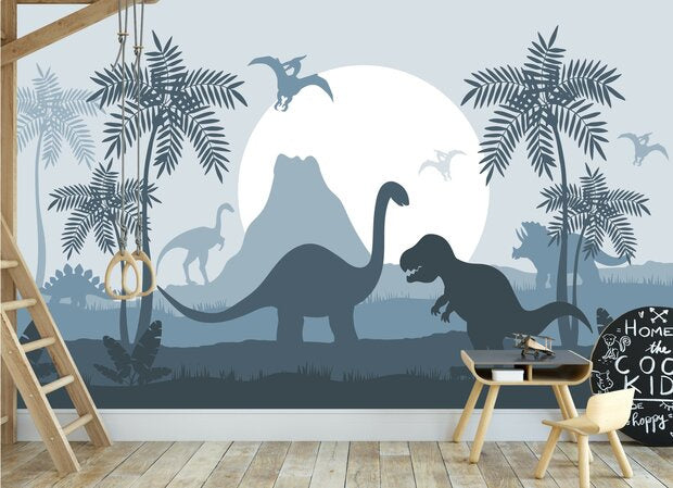 Behang dino kamer - dinosaurus kinderkamer jeansblauw